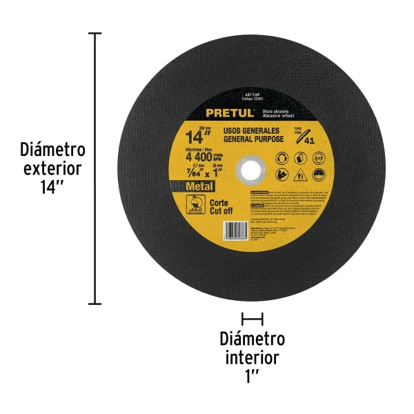 Disco corte metal Pretul 22561 tipo 41 de 14 pulgadas
