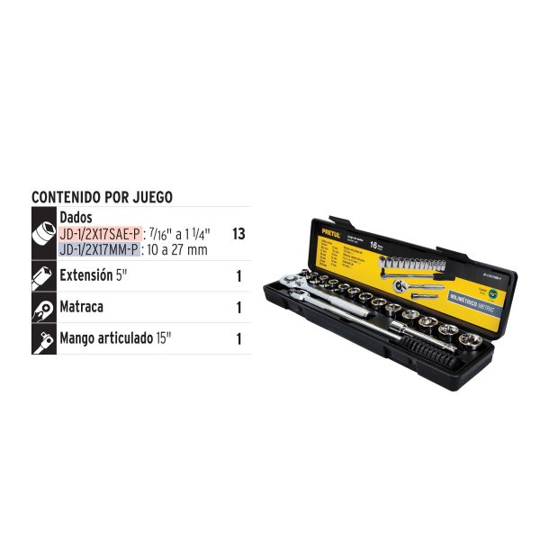 Juego copas mx mm/pulg 1/2" 16pz PRETUL 21174 - Imagen 3