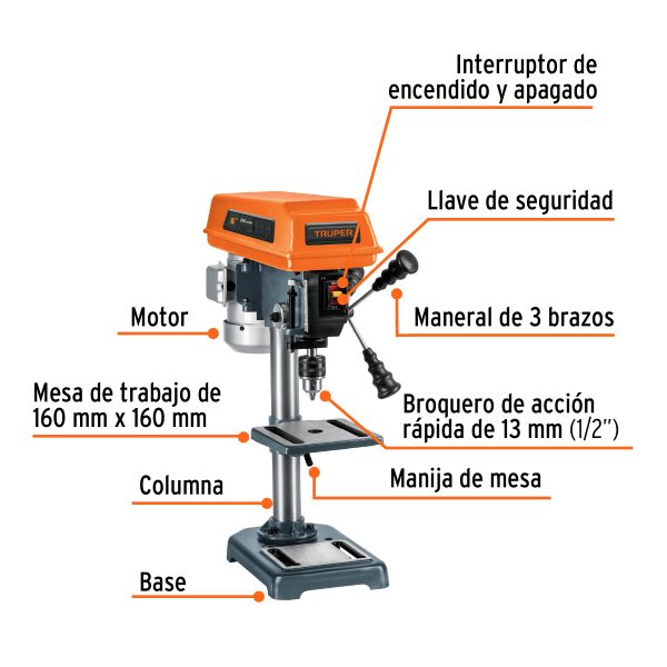 Taladro de banco 8" 250w 1/3hp mandril 1/2" TRUPER 16174 - Imagen 2