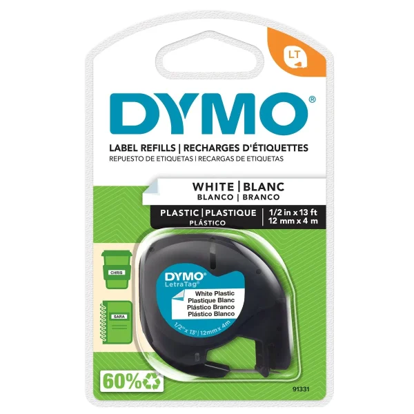 Cinta plástica DYMO LetraTag 91331 blanca 12 mm x 4 m