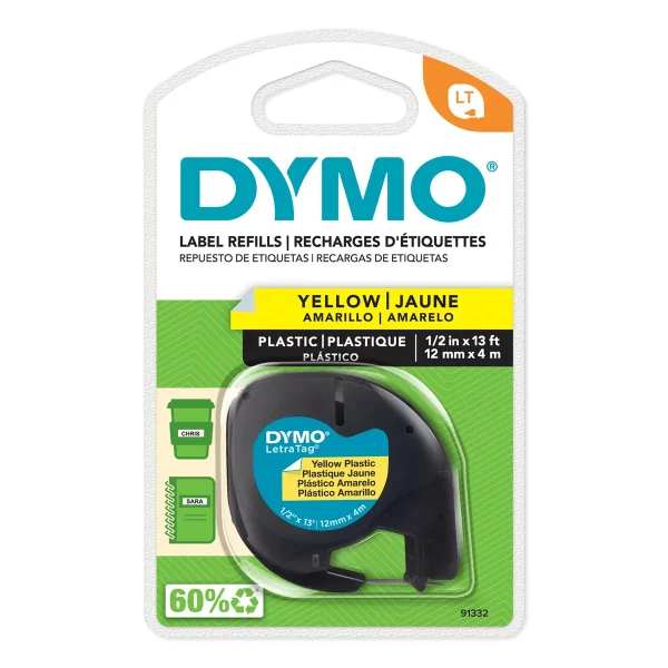 Cinta plástica DYMO LetraTag 91332 amarilla 12 mm x 4 m